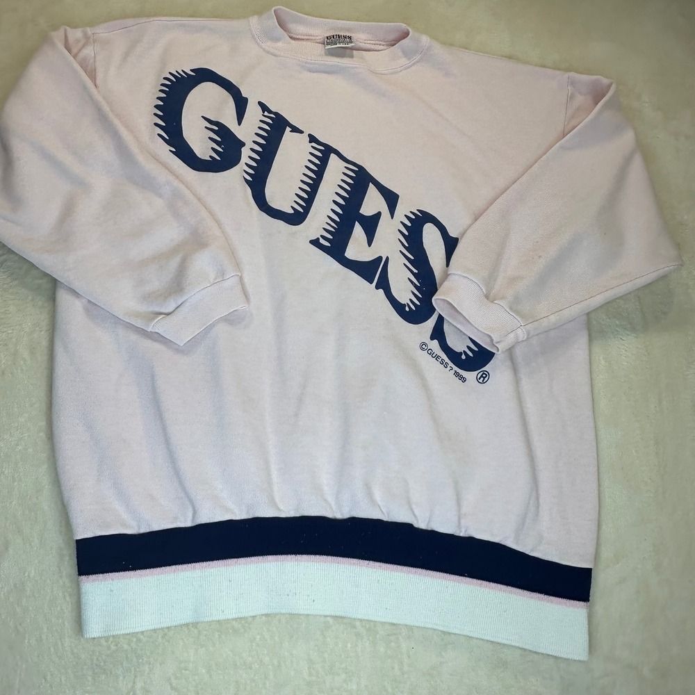 Vintage 1989 Guess by Georges Marciano Pink Striped Hem Crewneck Sweatshirt USA